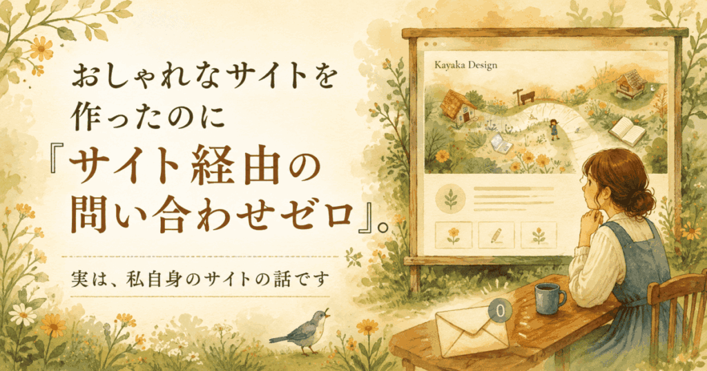 Kayaka Designのサイトと「問い合わせ0」を表現したブログアイキャッチ